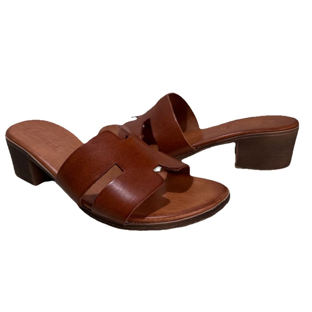 Women's Brown Leather Slide Sandals with Low Block Heel